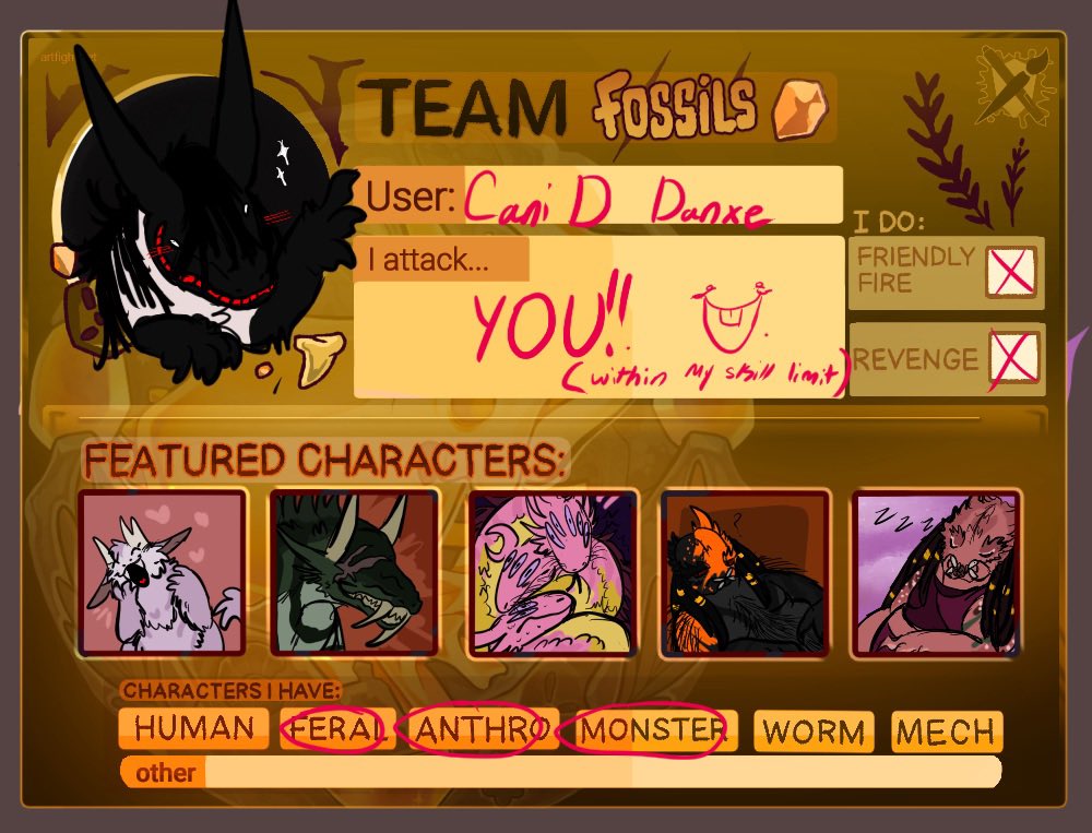 CANIDANXE's tweet image. You should totally follow and attack me on artfight haha so i can murder people in cold blood
artfight.net/~CANIDANXE