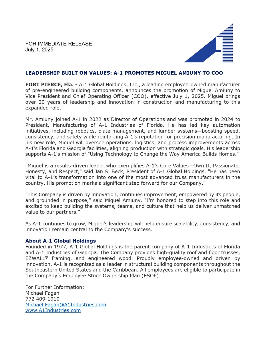 A1_Truss's tweet photo. 👏 Join us in congratulating Miguel Amiuny, promoted to COO of A-1 Global Holdings effective July 1, 2025!

A leader in innovation, Miguel has been key to A-1’s growth since 2022.

🔗 Full story: https://t.co/UjmWqPN2x0

#A1Industries #COO #Leadership #EmployeeOwned #A1Culture #WeBuildDreams #ManufacturingExcellence