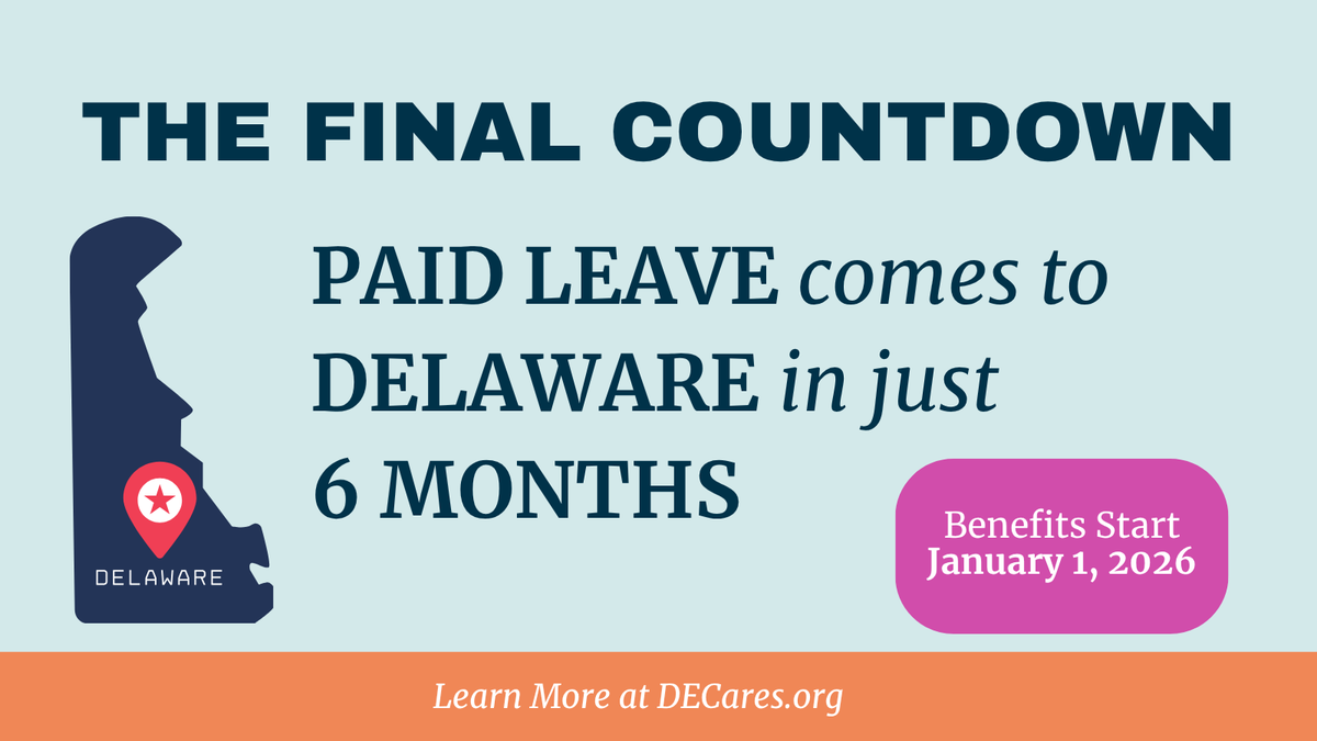 Paid Leave is coming to Delaware in 6 short months! 

Starting January 1, 2026, eligible Delawareans can use the program to cover time to:

Care for a new child
Care for a family member with a serious illness
Care for themselves

Learn more at DECares.org #PaidLeave