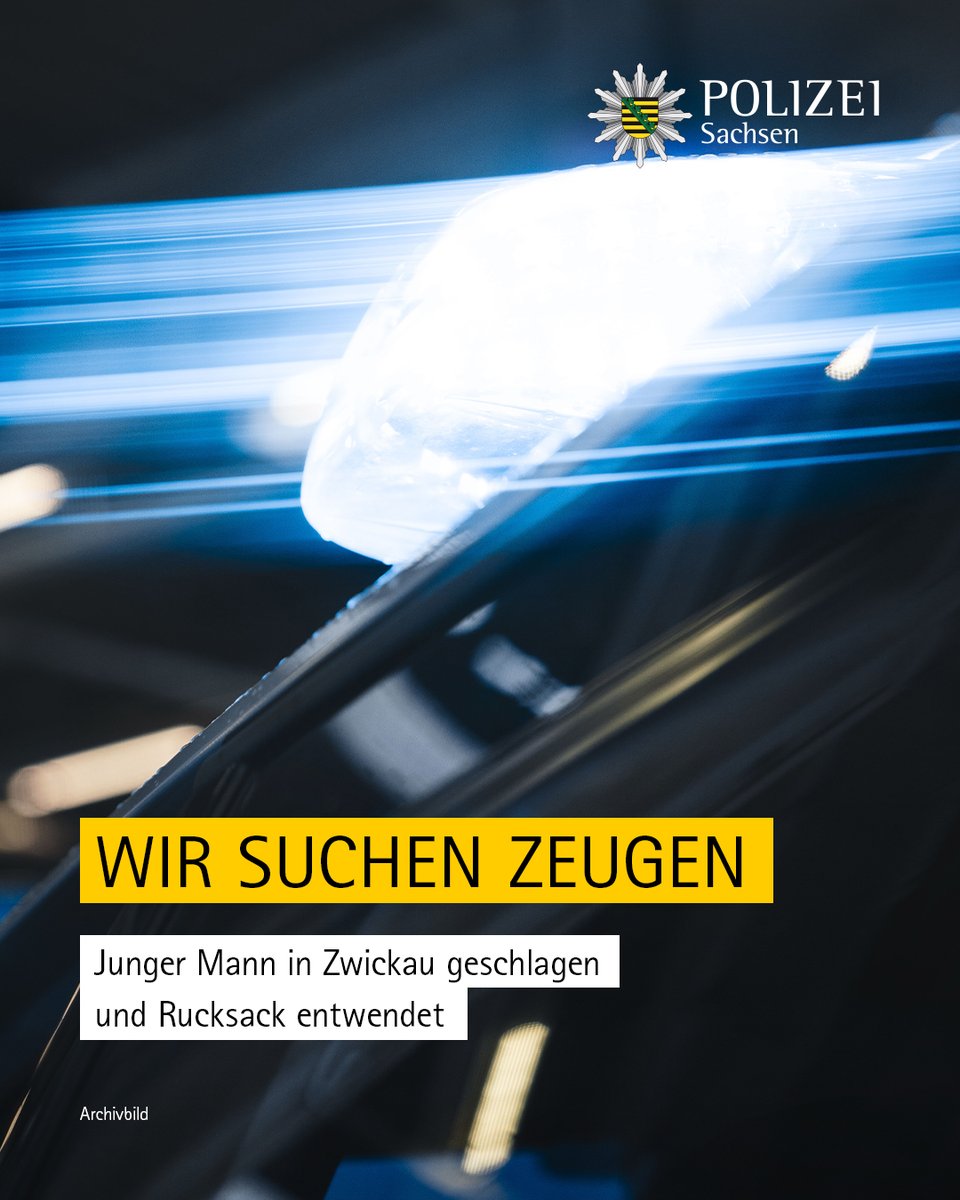 Am späten Freitagabend wurde ein 34-Jähriger auf der Leipziger Straße in #Zwickau von drei Unbekannten geschlagen sowie sein Rucksack samt Wertgegenständen entwendet. Er erlitt hierbei leichte Verletzungen.

Zur ganzen Meldung und Personenbeschreibungen: medienservice.sachsen.de/medien/news/10…