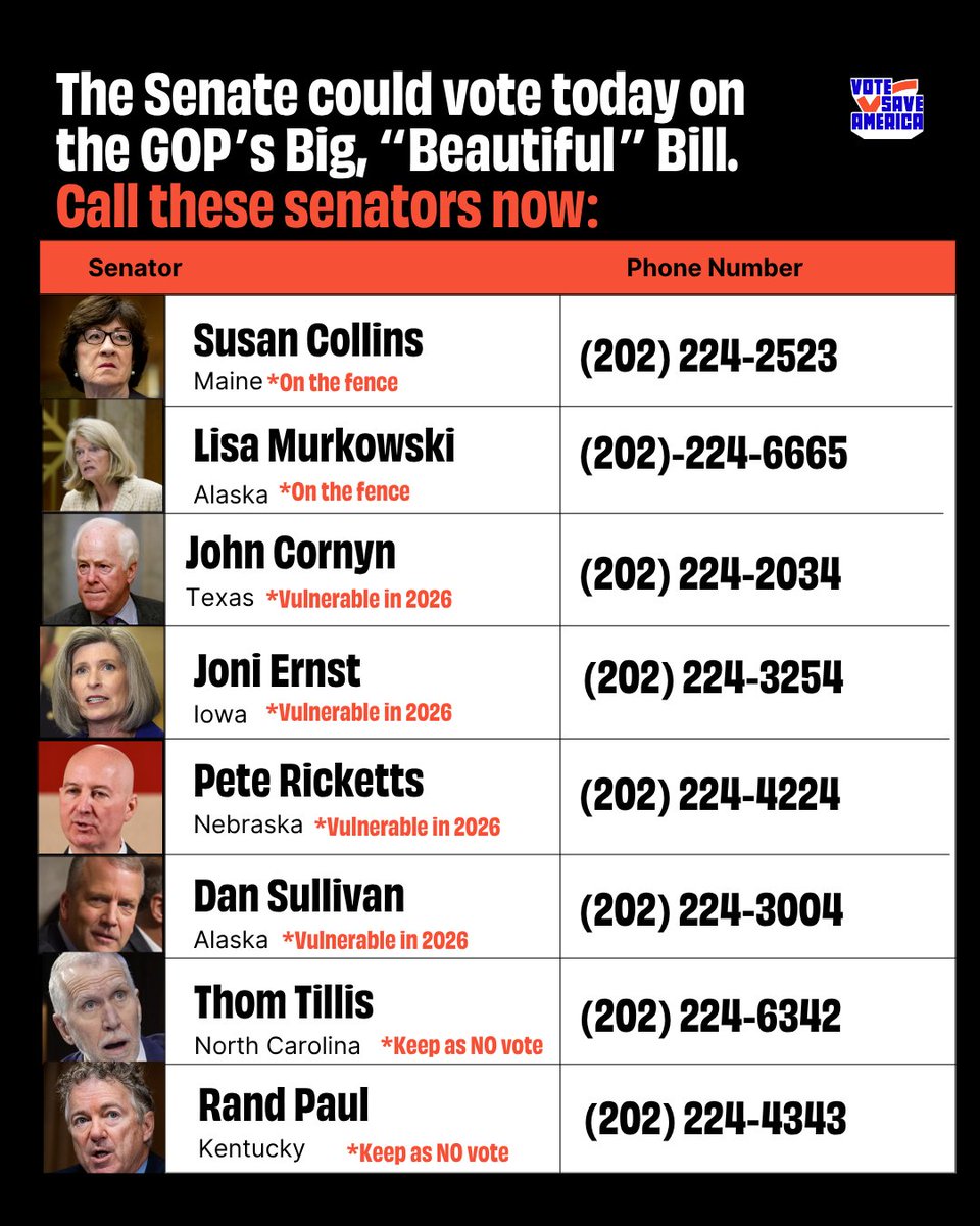 votesaveamerica's tweet photo. .@SenatorCollins @lisamurkowski @JohnCornyn @SenJoniErnst @SenPeteRicketts @SenDanSullivan @SenThomTillis @SenRandPaul https://t.co/9CcqS3Uq6n