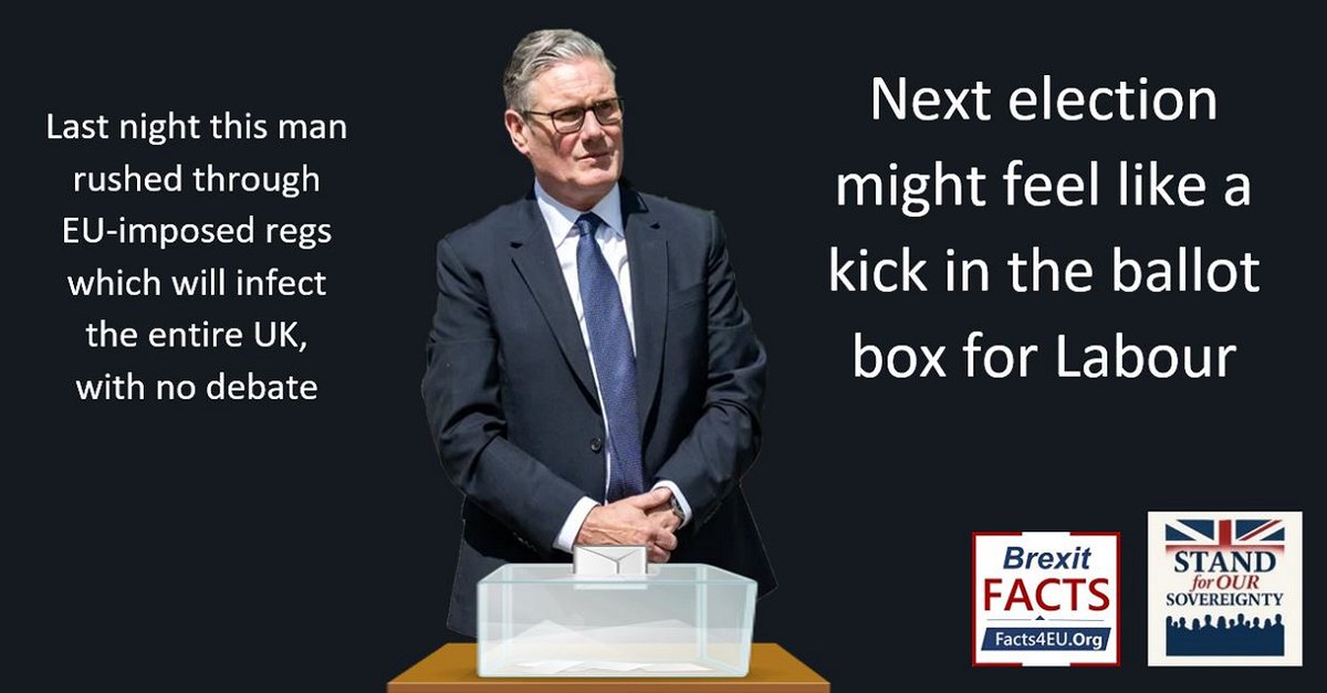 SovereignUK1's tweet image. Last night: an EU regulation adopted by MPs years after Brexit.
Starmer takes another chunk out of our sovereignty.
Only a vote – no debate allowed.
Read the full exposé: sovereignuk.org/sovereignty-to…
#StandforOurSovereignty
@facts4euorg