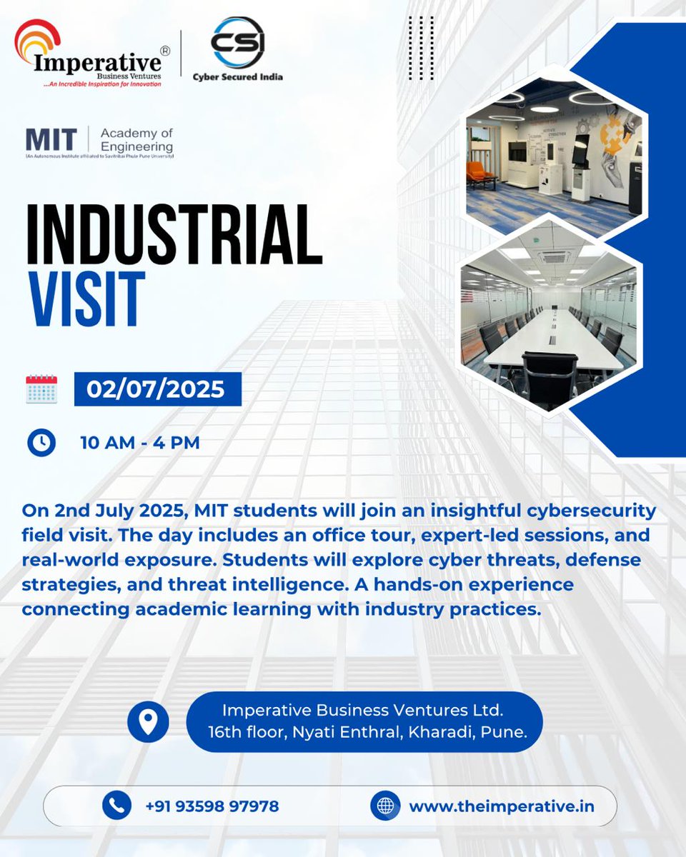 Imperative024's tweet image. Campus to Cyber Command: India’s Future Defenders
📍 Pune | 🗓️ July 2 | 🕙 10AM–4PM
MIT students dive into real-world cybersecurity @ Imperative Ventures + CSI.
🔐 Threat Intel
🎓 Expert Talks &amp;amp; Certification
🏢 Infra Tour
Cyber careers start here.
#CyberSecurityIndia #MITAcademy