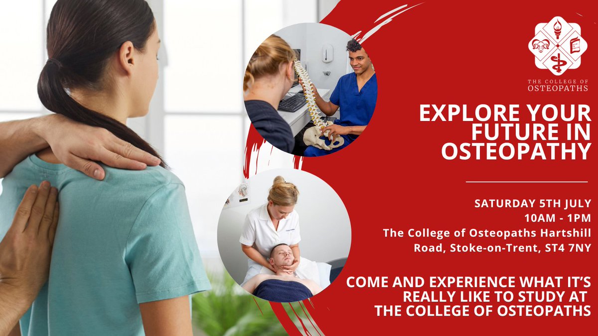 📢Last chance to book! 

🗓️ Join us this Saturday 5th July for our Open Day in Stoke-on-Trent (ST4 7NY).

🎓 Learn about osteopathy
🏫 Tour our facilities
👋 Meet the team

📩 Sign up now: bit.ly/4n5rNxC

#Osteopathy #OpenDay #FutureOsteopath #HealthcareCareers