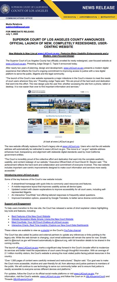 Superior Court of Los Angeles County Announces Official Launch of New, Completely Redesigned, User-Centric Website Now Live at LACourt.ca.gov. More Information: s.lacourt.org/zWqzzK1