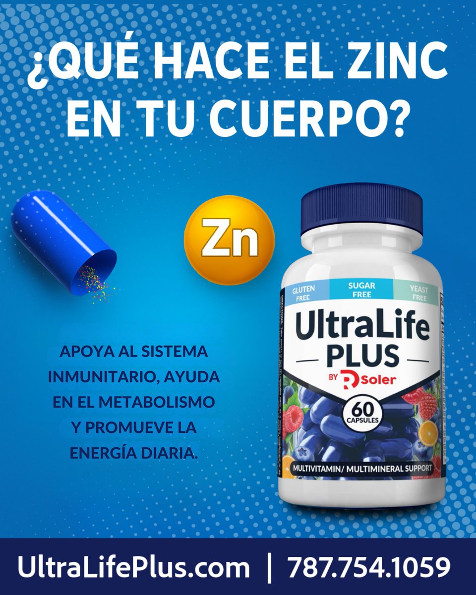Jugando Pelota Dura🇵🇷 (@jugandopelotapr) on Twitter photo 🧬 ¿Qué hace el zinc en tu cuerpo?
El zinc es un mineral esencial que:
✔ Fortalece tu sistema inmunitario
✔ Mejora el metabolismo
✔ Acelera la cicatrización de heridas
Y lo encuentras en cada cápsula de UltraLife PLUS.
📍 Disponible en farmacias y Clínicas Médicas Dr. Soler
🌐 🧬 ¿Qué hace el zinc en tu cuerpo?
El zinc es un mineral esencial que:
✔ Fortalece tu sistema inmunitario
✔ Mejora el metabolismo
✔ Acelera la cicatrización de heridas
Y lo encuentras en cada cápsula de UltraLife PLUS.
📍 Disponible en farmacias y Clínicas Médicas Dr. Soler
🌐