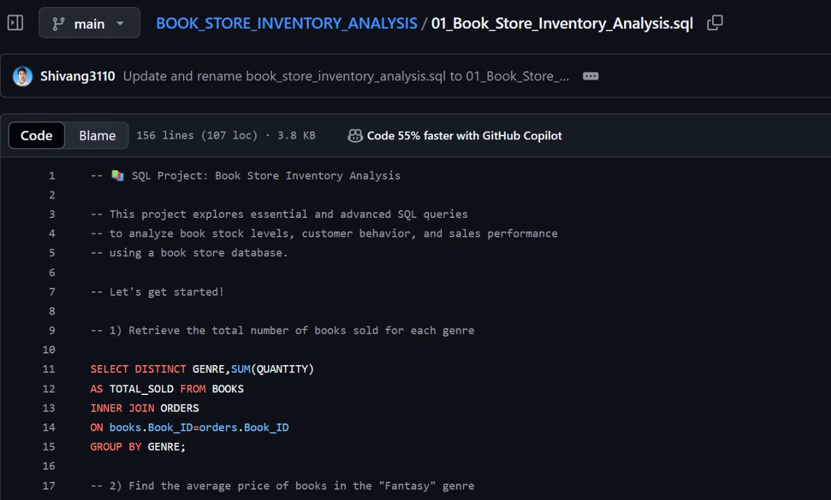 3110shivang's tweet image. 🚀 Just finished my SQL Data Project! Analyzed a Bookstore's Inventory using real SQL queries:
-Data cleaning
-Joins
-Filtering & aggregation
-Advanced queries
✅ Learned how to extract real insights from raw data!
🔗 Project: github.com/Shivang3110/BO…
#SQLProject