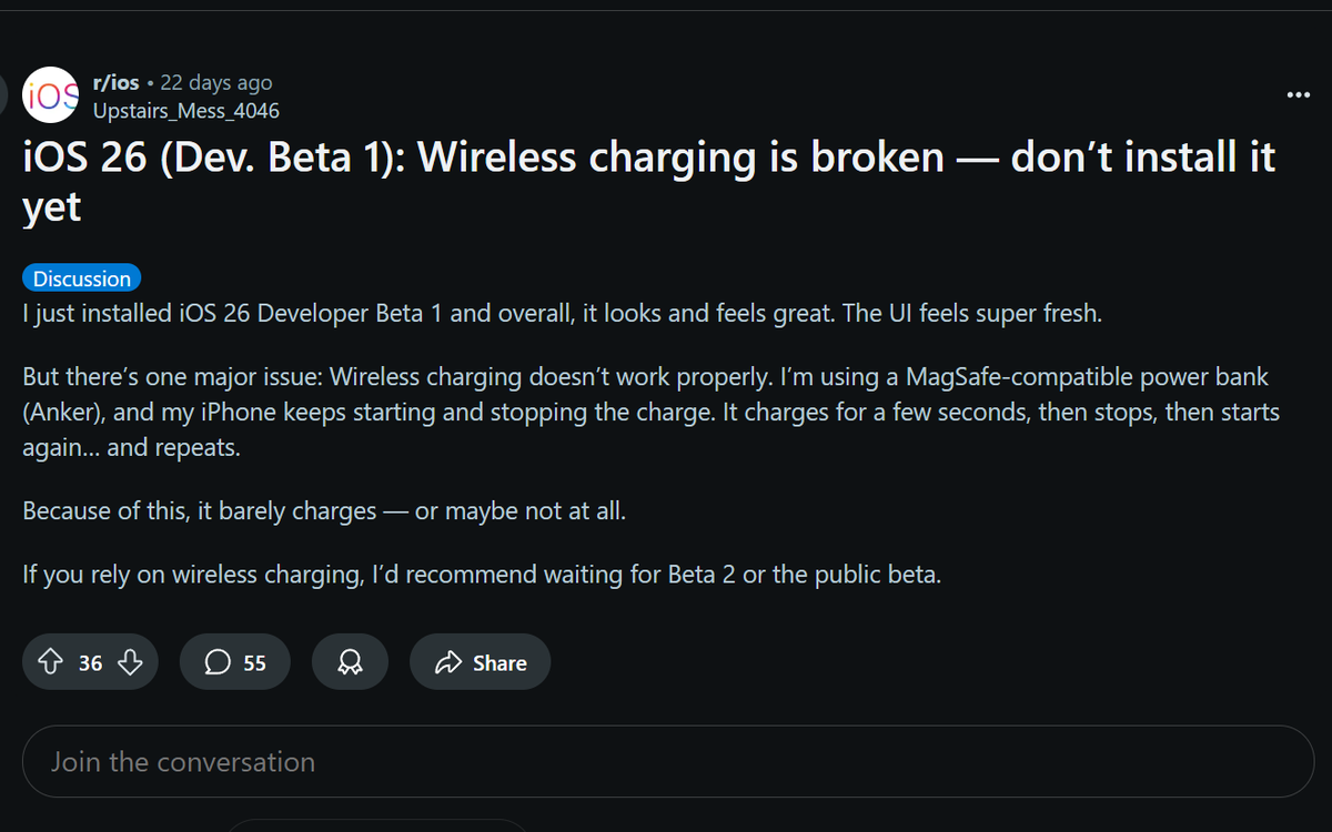 Anyone having charging issues with iOS 26 beta? 

Someone wrote in saying our wireless charger wasn't working, turns out their phone stopped wireless charging across the board. 

FYI.