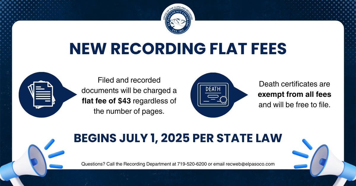 ⚠️ NEW RECORDING FEES ⚠️ Today, July 1, per state law, all recorded documents will be charged a flat fee of $43 regardless of the number of pages/size. Death certificates will be exempt from fees.

#DocumentFees #StateLaw #PublicRecords #FeeChanges #EPCRecords #ElPasoCountyClerk