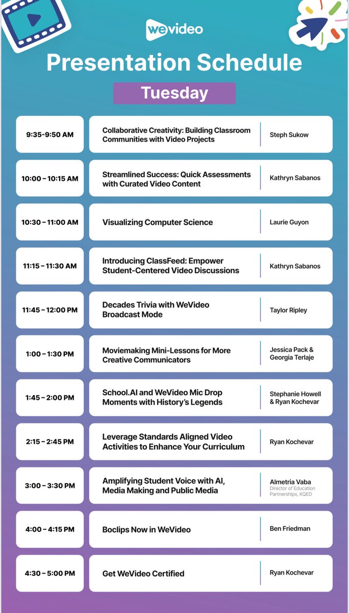 Here’s our <a href="/WeVideo/">WeVideo</a> schedule of booth sessions for today (July 1st) at #ISTELive25

Come visit and learn how to bring video learning to every classroom!! 🎥