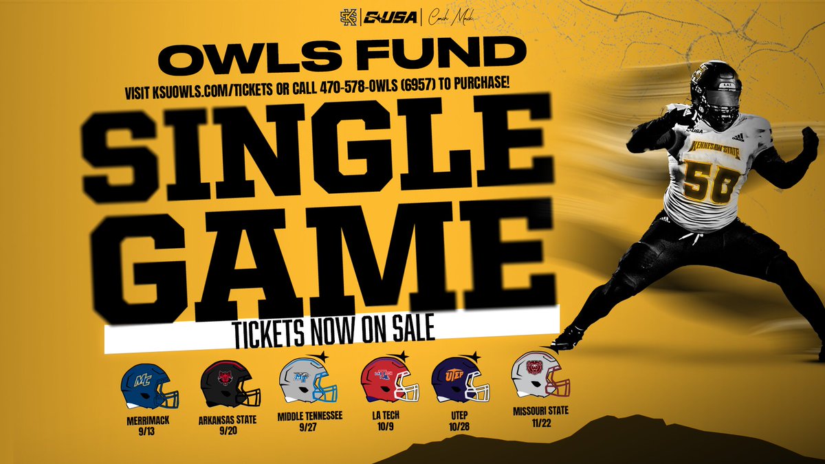 Kennesaw State Football (@kennesawstfb) on Twitter photo Another month closer to kickoff 🔜
Single-game tickets are on sale NOW for <a href="/TheOwlsFund/">The Owls Fund</a> members ‼️
More info | tinyurl.com/24kzjxxz
#SeeUs | #HootyHoo Another month closer to kickoff 🔜
Single-game tickets are on sale NOW for <a href="/TheOwlsFund/">The Owls Fund</a> members ‼️
More info | tinyurl.com/24kzjxxz
#SeeUs | #HootyHoo