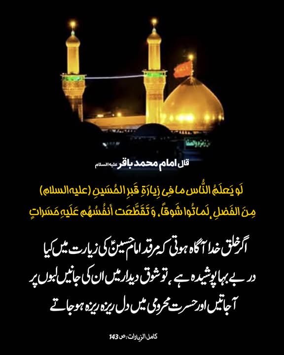 قال الامام الباقر علیه السلام:
اگر خلق خدا آگاہ ہوتی کہ مرقدِ امام حسین (علیہ‌السلام) کی زیارت میں کیا درِ بے بہا پوشیدہ ہے، تو شوقِ دیدار میں ان کی جانیں لبوں پر آ جاتیں اور حسرتِ محرومی میں دل ریزہ ریزہ ہو جاتے۔

کامل الزیارات، ص 143