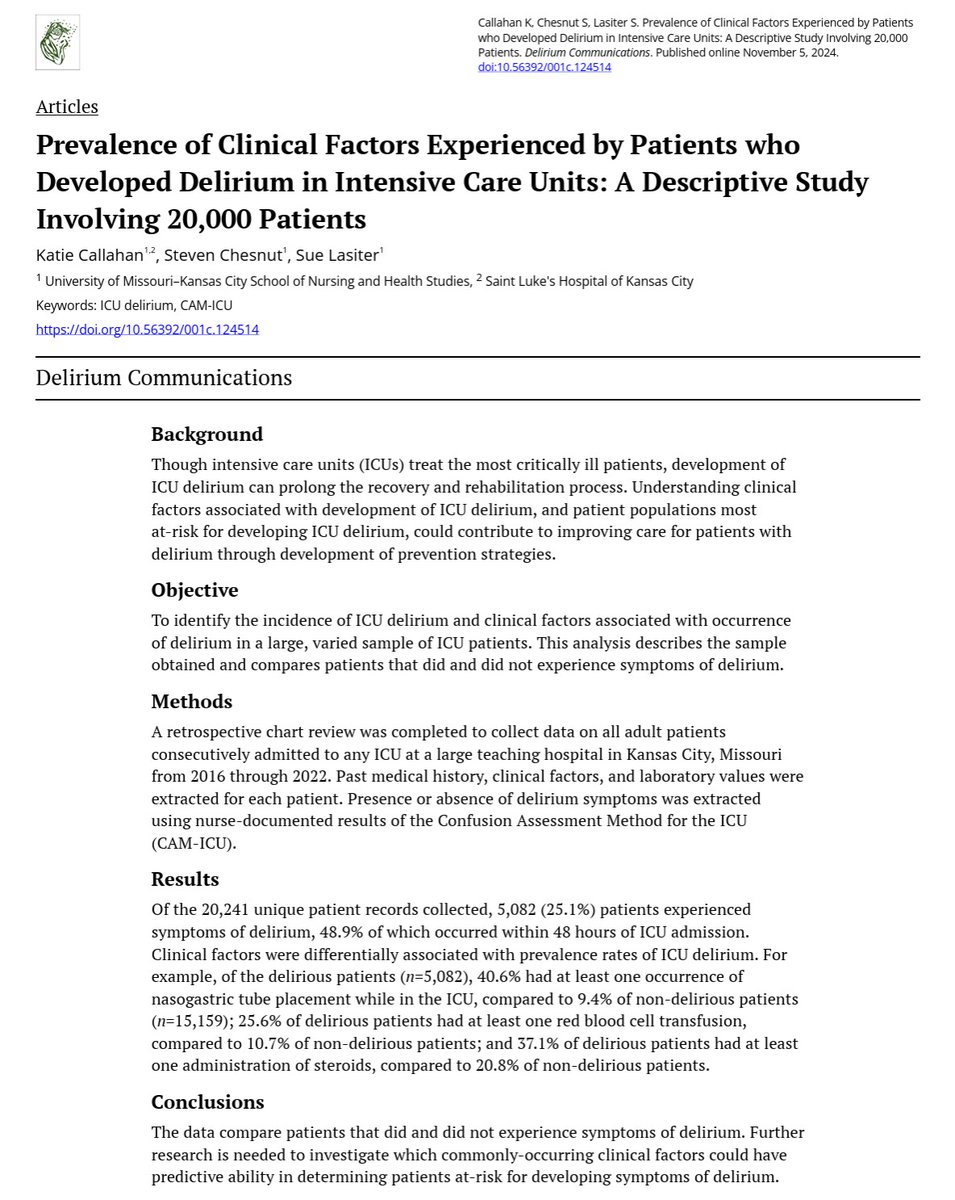 🚨 ICU delirium study (n=20,241)

Key findings:

NG tubes: 41% delirium vs 9% without

RBC transfusion: 26% vs 11%

Steroids: 37% vs 21%

Temp &gt;37.8°C: 49% vs 19%

Pre-existing dementia (15% vs 6%) &amp; kidney disease (59% vs 45%) increase risk

In 𝐃𝐞𝐥𝐢𝐫𝐢𝐮𝐦