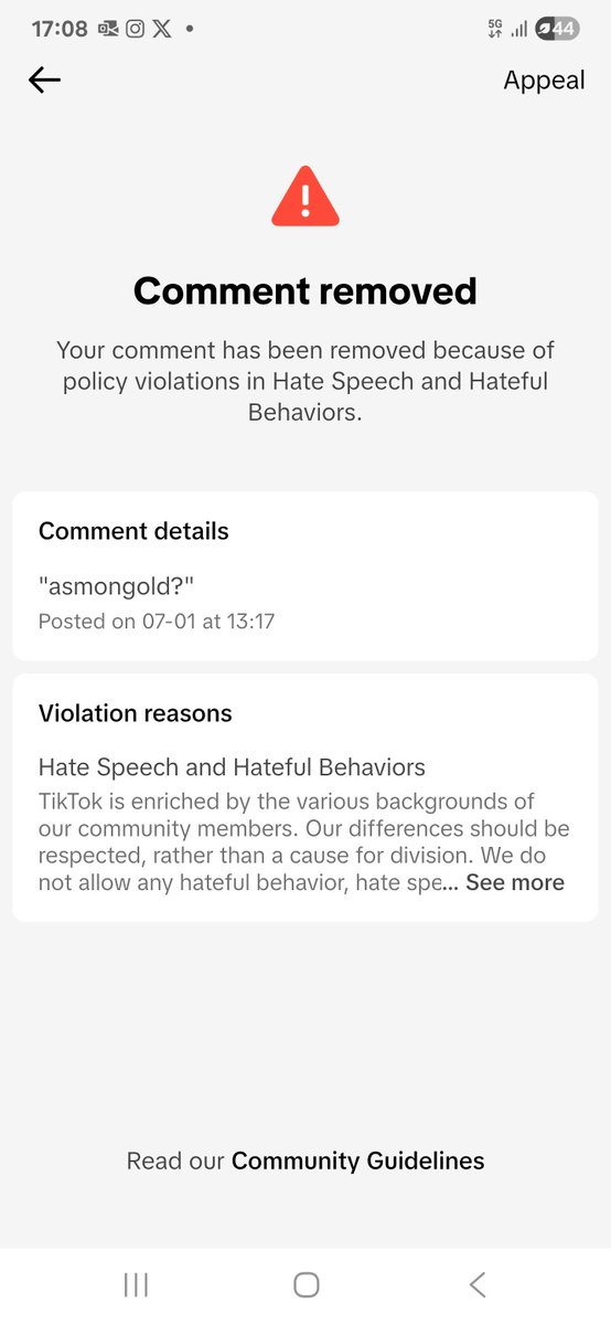 Apparently commenting “Asmongold?” under a hoarder house cleaning video gets you flagged for hate speech now.

Didn’t know making a lighthearted reference to a guy who roasts himself harder than anyone else was breaking TOS. <a href="/Asmongold/">Zack</a> I meant it with love 🪳🧽Cheers