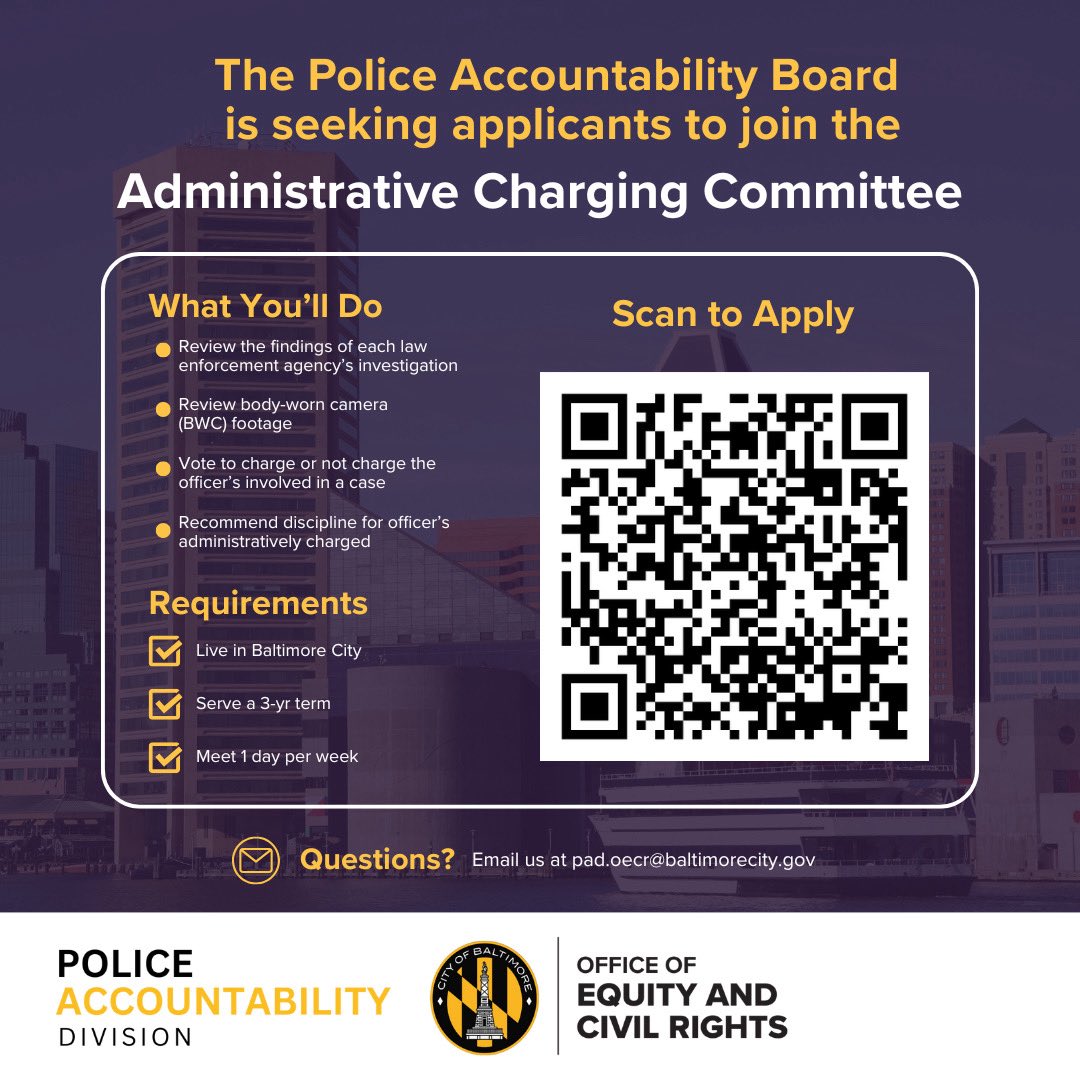 We’re in search of Baltimore City residents who are passionate about making Baltimore a great place for everyone to live, work, and play!

Join our of our Commissions:
- Mayor’s Commission on Disabilities
- Community Relations Commission
- Police Accountability Board

Link in bio