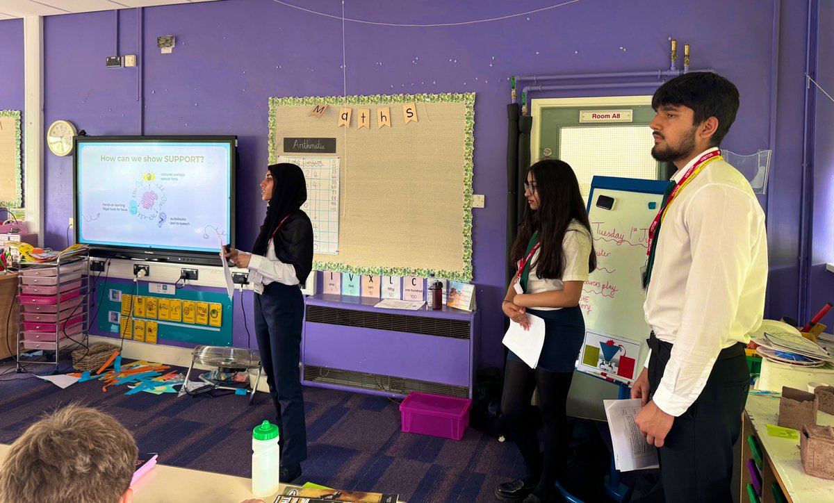 QMGS_CYM's tweet image. CYM Diversity Team were at our Mercian Trust @RushallPrimary school today,delivering an interactive workshop on Neurodiversity!This session was lead by a former pupil;Madiha presenting with Muhammad & Mya.Lots of useful facts & ways to support others were shared with the Yr 6’s🤩