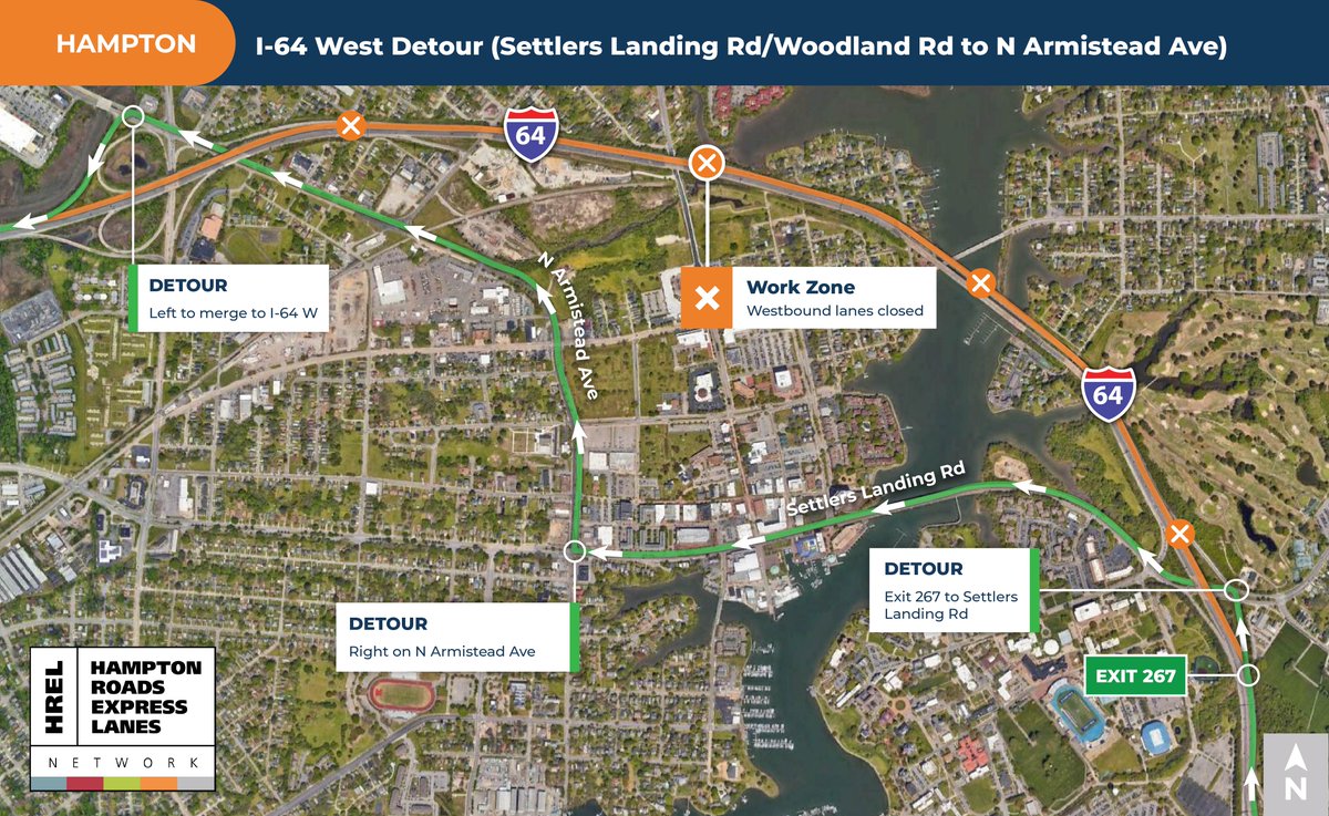 VDOT Hampton Roads (@vadothr) on Twitter photo 🚧 I-64 WB in <a href="/cityofhampton/">City of Hampton</a> will close overnight as early as July 2, 12:01 AM–4 AM from Settlers Landing/Woodland Rd (exit 267) to N. Armistead (exit 265B) with detour.
On-ramp from Settlers Landing to I-64 west also to close.
More> conta.cc/4kBEJJv
@vadot #hrtraffic 🚧 I-64 WB in <a href="/cityofhampton/">City of Hampton</a> will close overnight as early as July 2, 12:01 AM–4 AM from Settlers Landing/Woodland Rd (exit 267) to N. Armistead (exit 265B) with detour.
On-ramp from Settlers Landing to I-64 west also to close.
More> conta.cc/4kBEJJv
@vadot #hrtraffic