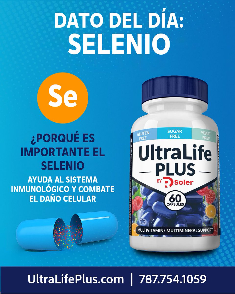 Jugando Pelota Dura🇵🇷 (@jugandopelotapr) on Twitter photo Dato del día: Selenio
Este mineral esencial:
✔ Refuerza tu sistema inmunológico
✔ Combate el daño celular causado por el estrés oxidativo
Y sí, viene incluido en cada cápsula de UltraLife PLUS.
📍 Disponible en farmacias y Clínicas Médicas Dr. Soler
🌐 UltraLifePlus.com | Dato del día: Selenio
Este mineral esencial:
✔ Refuerza tu sistema inmunológico
✔ Combate el daño celular causado por el estrés oxidativo
Y sí, viene incluido en cada cápsula de UltraLife PLUS.
📍 Disponible en farmacias y Clínicas Médicas Dr. Soler
🌐 UltraLifePlus.com |