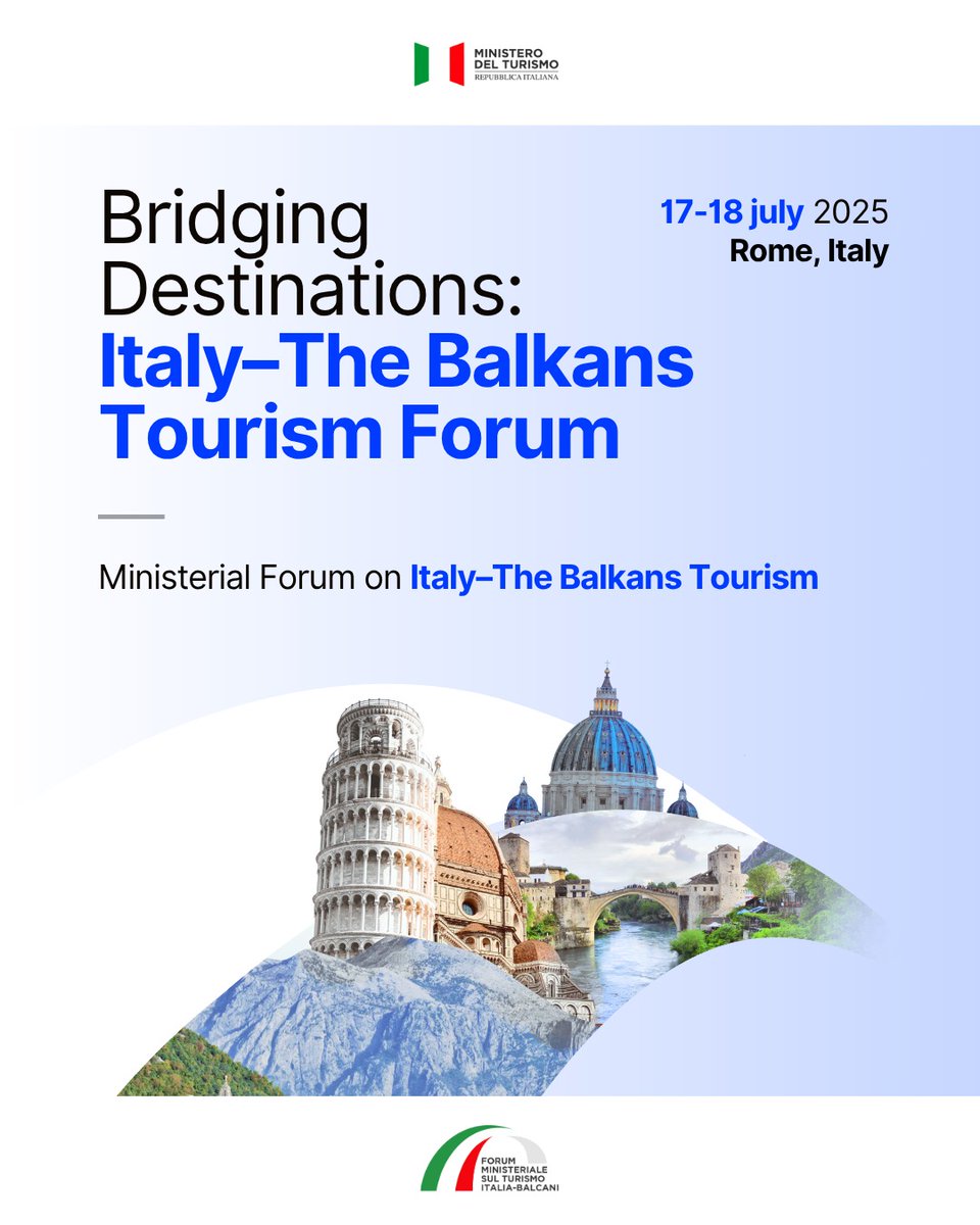 Ministero del Turismo (@mturismoitalia) on Twitter photo Il 17 e 18 luglio Roma ospiterà il primo Forum Italia-Balcani sul turismo, promosso dall’Italia per rafforzare la cooperazione con i Paesi balcanici. “Il turismo è un ponte di conoscenza, sviluppo e pace” – ha dichiarato il Ministro <a href="/DSantanche/">Daniela Santanchè</a> . Il 17 e 18 luglio Roma ospiterà il primo Forum Italia-Balcani sul turismo, promosso dall’Italia per rafforzare la cooperazione con i Paesi balcanici. “Il turismo è un ponte di conoscenza, sviluppo e pace” – ha dichiarato il Ministro <a href="/DSantanche/">Daniela Santanchè</a> .
