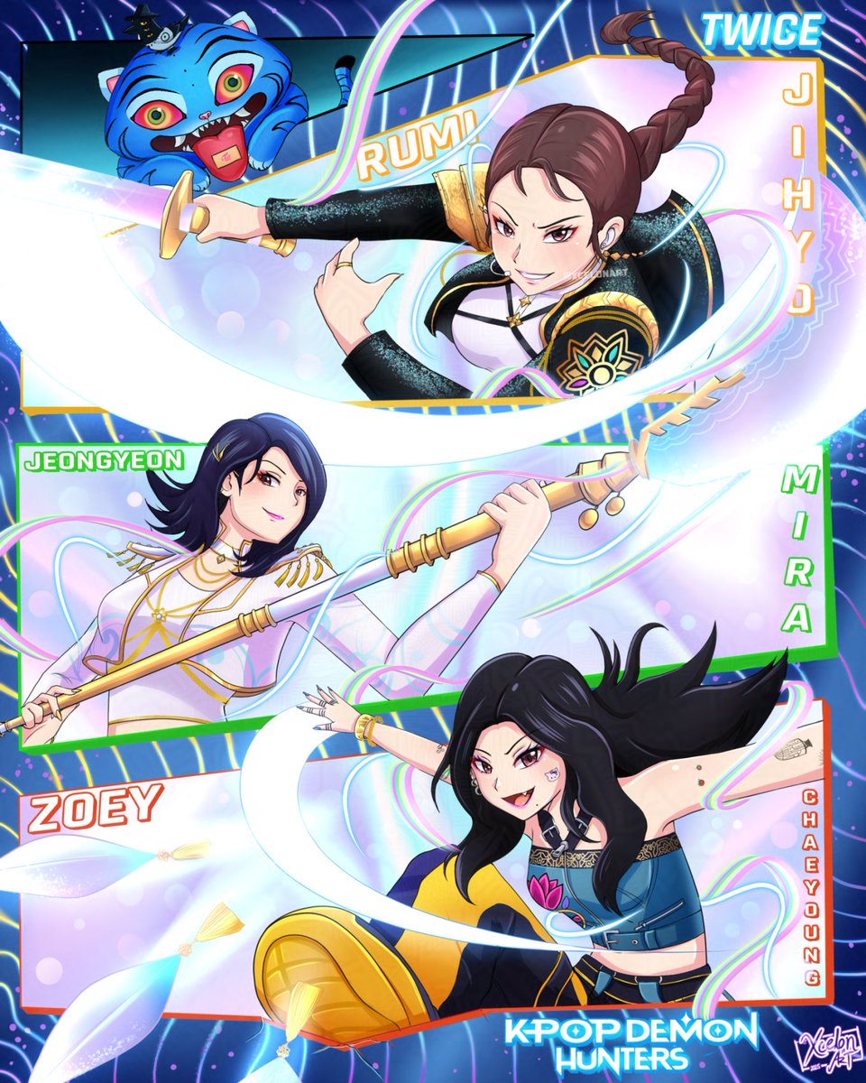 TWICE members as Kpop Demon Hunters 🍭 

I wanted to draw this after watching this fun movie &amp; finding out #TWICE sang one of the songs for it. 
#KPOPDEMONHUNTERS #kpopdemonhuntersfanart #Twicefanart #Jihyo #Jeongyeon #Chaeyoung #HUNTRIX