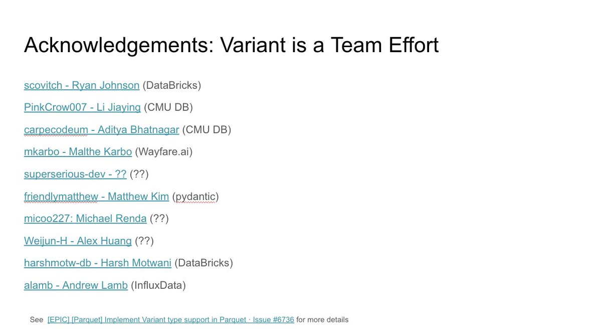 Andrew Lamb (@andrewlamb1111) on Twitter photo Quite a list of contributors already to the Rust <a href="/ApacheParquet/">Apache Parquet</a> implementation of Variant (support for semi structured data). I was making some slides to explain what Variant is and made up a list I wanted to share. The feature will be amazing
github.com/apache/arrow-r⦠Quite a list of contributors already to the Rust <a href="/ApacheParquet/">Apache Parquet</a> implementation of Variant (support for semi structured data). I was making some slides to explain what Variant is and made up a list I wanted to share. The feature will be amazing
github.com/apache/arrow-rā¦