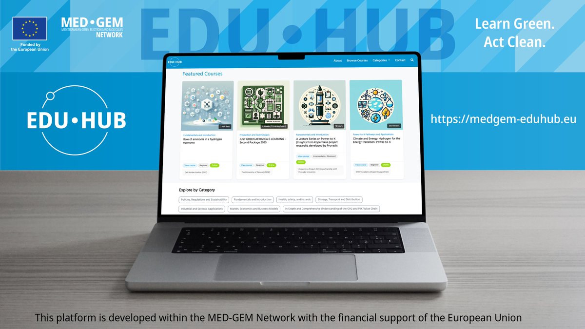 medgem_network's tweet photo. 🎓📜 Learn Green • Act Clean → https://t.co/SnzHV4TirM is live!
🇪🇺 MED-GEM launches the Mediterranean e-learning platform for green hydrogen & PtX skills 🌍🔋
✅ 80+ trainings | 🌐 Free & multilingual
📢 More: https://t.co/I45xs8tNLh
#GreenHydrogen #EDUHub #EUfunded https://t.co/6UXpG0HozR
