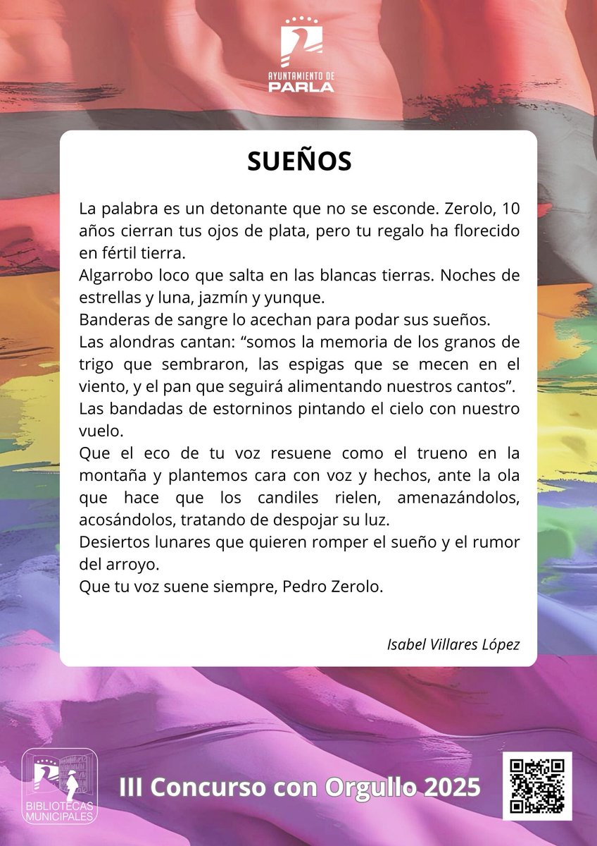 La segunda entrega de los trabajos ganadores de nuestro III Concurso con Orgullo es para la poesía.
Aquí tenéis los cuatro trabajos ganadores.
#ParlaEsCultura