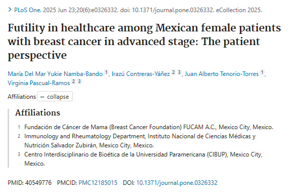 INCMNSZ_DirInv's tweet image. Estudio que ilustra la proporción de pacientes mexicanas con cáncer de mama en etapa avanzada que perciben la futilidad en la atención médica. Participación del @incmnszmx, Irazú Contreras Yáñez y cols.