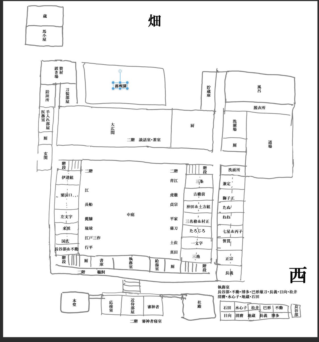 ひつじ男士本描く時に一応位置関係を考えながらネタを出す事があるので作った簡易部屋割り、鵜飼派部屋と薔薇園を追加したんだけど…
京極ちゃんの為に道誉くんが作った薔薇園、めちゃ広🌹
そしてこっちが北かなぁと思ってた方角を西に変更…
作物や草花的には南向きの方がいいよね。