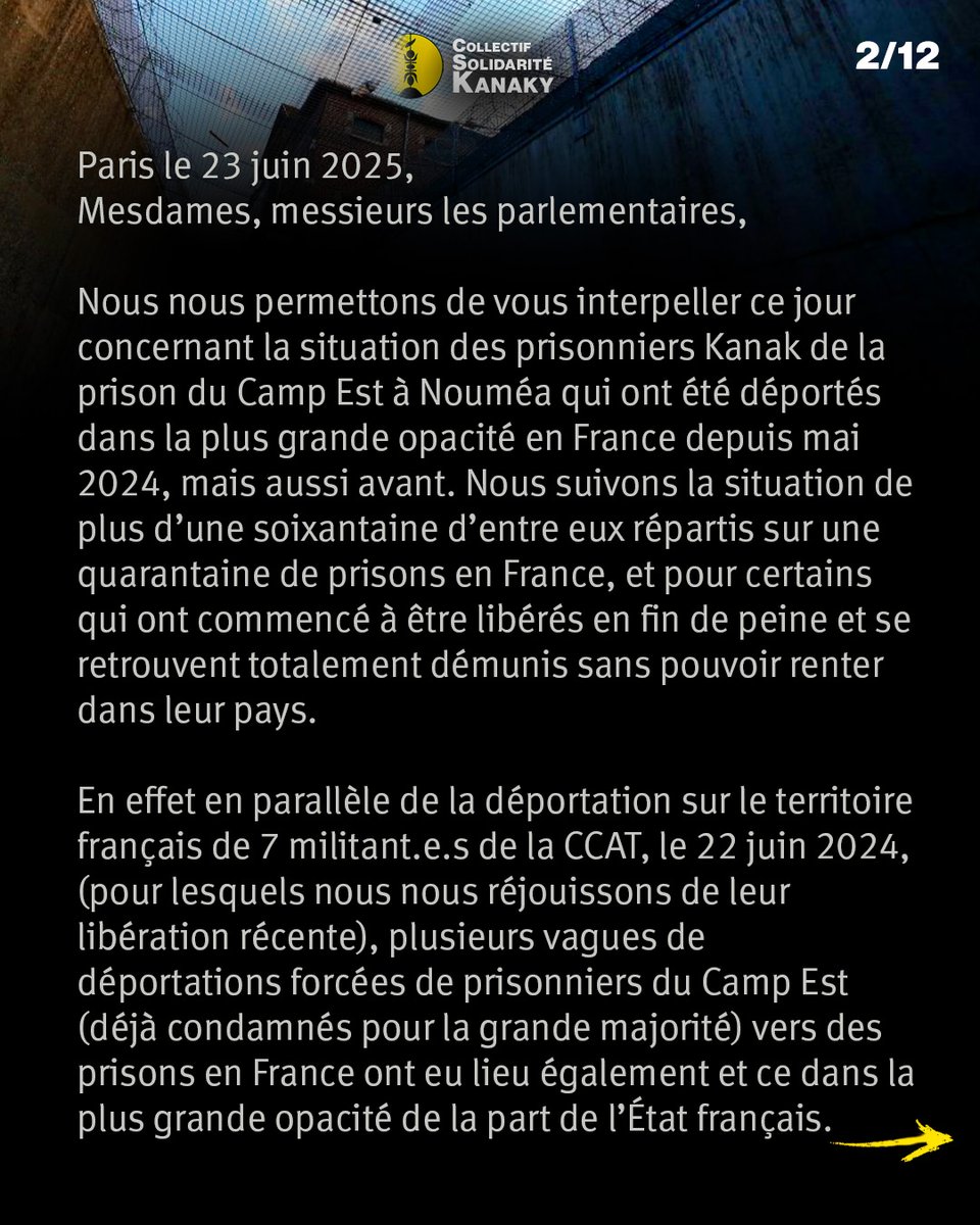 ‼️URGENT : Lettre du collectif Solidarité Kanaky adressée aux parlementaires au sujet des prisonniers Kanak déportés de la prison du Camp Est (Nouméa) vers la France.
à lire ici ➡️solidaritekanaky.fr/Caisses-de-sol…
et en thread ⤵️
1/7