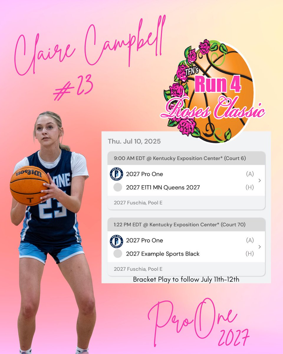 Claire Campbell (@ccampbell_2027) on Twitter photo Tournament season is back <a href="/TFNsRun4Roses/">TFN's Run 4 Roses</a> and my <a href="/Pro1GirlsBball/">Pro One Basketball Club_ Girls</a> squad is locked in 🔒🌹Come check us out!
<a href="/MeadeHoops/">Amanda Meade</a> <a href="/_BlakeDerrick/">Blake Derrick</a> <a href="/Elite80WBB/">Elite80WBB</a> <a href="/BrandonClayPSB/">B r a n d o n C l a y</a> Tournament season is back <a href="/TFNsRun4Roses/">TFN's Run 4 Roses</a> and my <a href="/Pro1GirlsBball/">Pro One Basketball Club_ Girls</a> squad is locked in 🔒🌹Come check us out!
<a href="/MeadeHoops/">Amanda Meade</a> <a href="/_BlakeDerrick/">Blake Derrick</a> <a href="/Elite80WBB/">Elite80WBB</a> <a href="/BrandonClayPSB/">B r a n d o n C l a y</a>