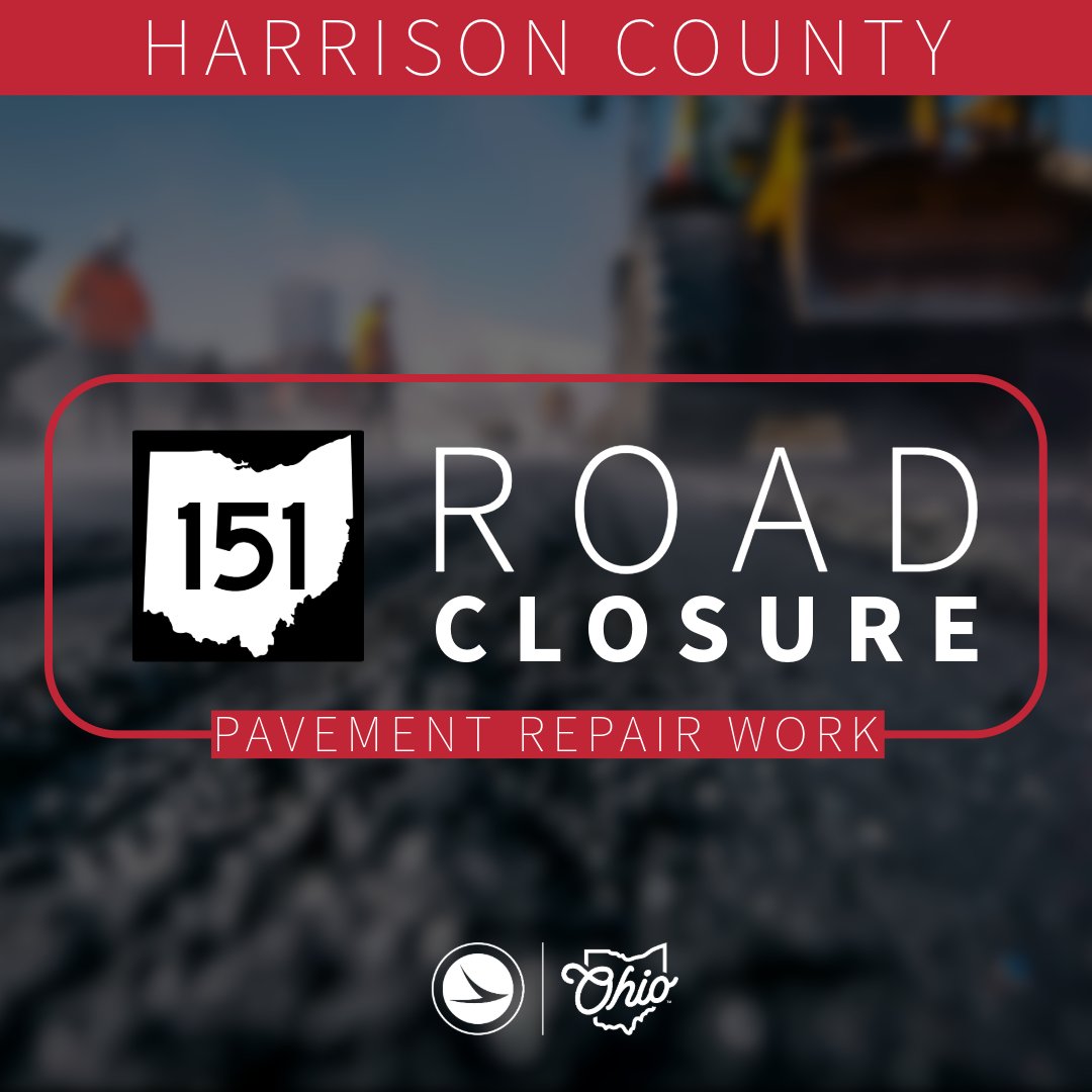 ODOT_EasternOH's tweet image. On Wednesday, July 2, State Route 151 will close two miles west of Bowerston for pavement repair work. The closure hours are 7 a.m. to 4 p.m. This work is essential to repair and resurface a section of roadway that was damaged by a crash at this location on June 27, 2025.
