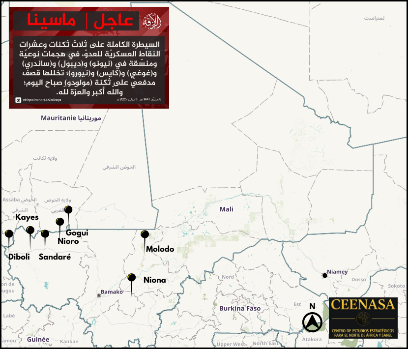 CEENASA396971's tweet photo. #MALI 🇲🇱

On Tue, July 1, the #JNIM claimed to have taken full control of FAMa barracks in #Niona, #Koulikoro province, and those in #Daboli, #Sandaré, #Gogui, #Kayes and #Nioro, #Kayes province. It also claimed to have bombed the FAMa barracks in #Molodo, #Ségou province. https://t.co/sG27AJGs8A