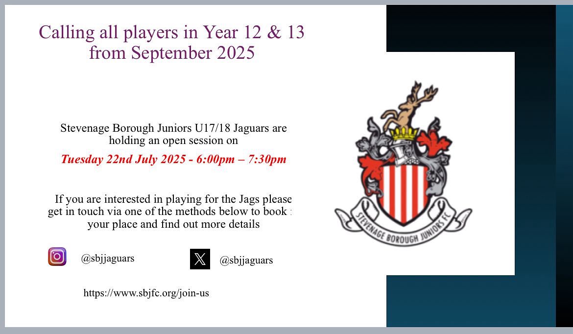 SBJFC1's tweet image. Would you like to join our amazing U17/18 Jaguars? They are holding an open session to find new players on 22nd July. Please do come along. #WeAreStevenageBoroJuniors @midhertsrml @HertfordshireFA