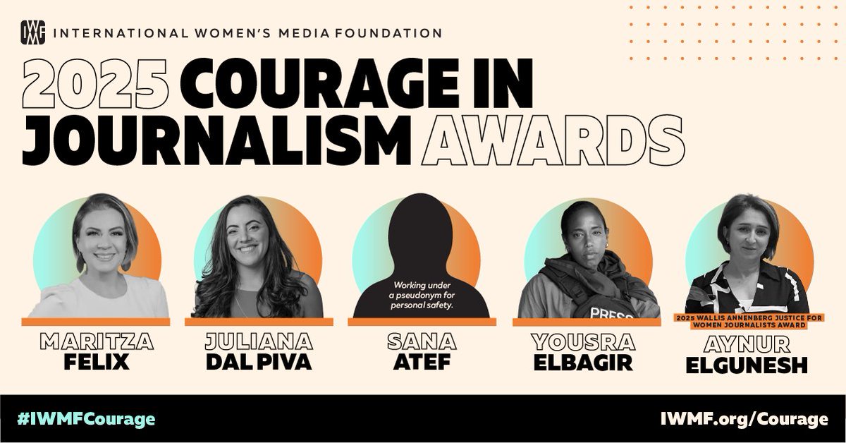 International Women's Media Foundation (@iwmf) on Twitter photo The IWMF is thrilled to announce the winners of our 2025 Courage in Journalism Awards! Our 2025 honorees are: Sana Atef, Juliana Dal Piva (<a href="/julianadalpiva/">Juliana Dal Piva</a>), Yousra Elbagir (<a href="/YousraElbagir/">Yousra Elbagir</a>), Maritza Félix (<a href="/MaritzaLFelix/">Maritza L. Félix</a>) and Aynur Elgunesh. Read more here: ow.ly/1FBt50WiJBe The IWMF is thrilled to announce the winners of our 2025 Courage in Journalism Awards! Our 2025 honorees are: Sana Atef, Juliana Dal Piva (<a href="/julianadalpiva/">Juliana Dal Piva</a>), Yousra Elbagir (<a href="/YousraElbagir/">Yousra Elbagir</a>), Maritza Félix (<a href="/MaritzaLFelix/">Maritza L. Félix</a>) and Aynur Elgunesh. Read more here: ow.ly/1FBt50WiJBe