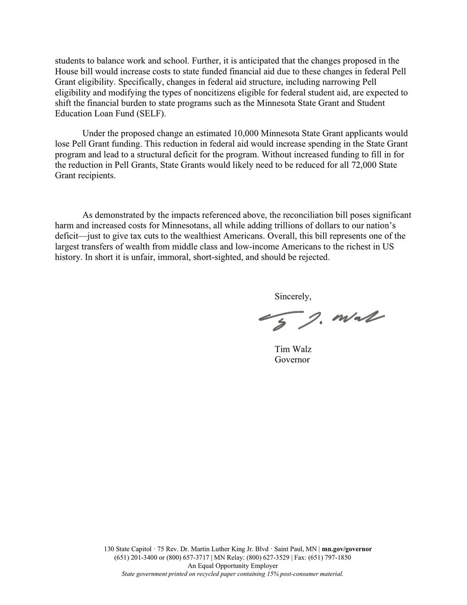 GovTimWalz's tweet image. Tl;dr: 250,000 more Minnesotans at risk of devastating medical bills, higher energy prices, rural hospital closures, and longer ambulance wait times.
None of this is worth a tax cut for billionaires. Congress needs to reject this bill.