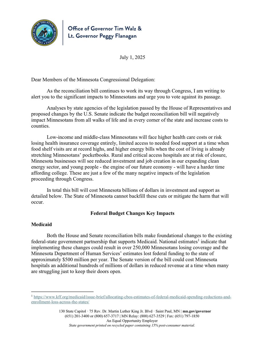 GovTimWalz's tweet image. Tl;dr: 250,000 more Minnesotans at risk of devastating medical bills, higher energy prices, rural hospital closures, and longer ambulance wait times.
None of this is worth a tax cut for billionaires. Congress needs to reject this bill.