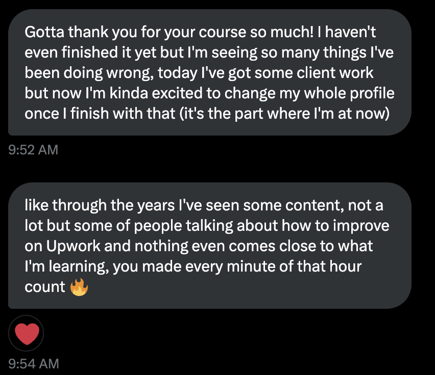 Got up today to a text from <a href="/limb0wl_Video/">limb0wl - Video Editor</a> with a beautiful testimonial of his experience with the upwork course inside <a href="/VidProPlus/">Video Production+</a> 

With attending the weekly live sessions he'll be crushing the upwork game in no time 🔥

Check the link in my profile to join VP+ 🔥🔥