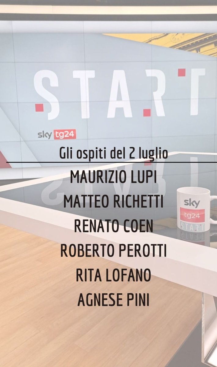 Giovanna Pancheri (@giopank) on Twitter photo Domani a #Start saremo con <a href="/Maurizio_Lupi/">Maurizio Lupi</a>, <a href="/MatteoRichetti/">Matteo Richetti</a>,<a href="/RenatoCoen/">Renato Coen</a>, Roberto Perotti <a href="/Unibocconi/">Università Bocconi</a>, <a href="/kirbyrita/">Rita Lofano</a> e <a href="/agnese_pini/">Agnese Pini</a>.
Come sempre in onda dalle 9:30 su <a href="/SkyTG24/">Sky tg24</a>. Vi aspetto! Domani a #Start saremo con <a href="/Maurizio_Lupi/">Maurizio Lupi</a>, <a href="/MatteoRichetti/">Matteo Richetti</a>,<a href="/RenatoCoen/">Renato Coen</a>, Roberto Perotti <a href="/Unibocconi/">Università Bocconi</a>, <a href="/kirbyrita/">Rita Lofano</a> e <a href="/agnese_pini/">Agnese Pini</a>.
Come sempre in onda dalle 9:30 su <a href="/SkyTG24/">Sky tg24</a>. Vi aspetto!