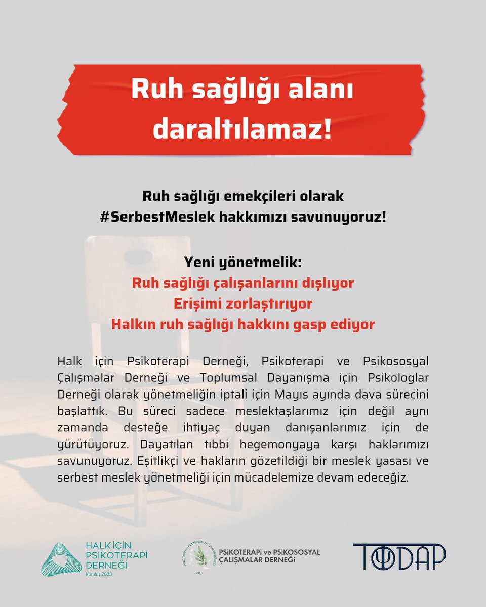 HalkPsikoterapi's tweet photo. Ruh sağlığı emekçileri olarak #SerbestMeslek hakkımızı savunuyoruz!
@todapder @pep_der https://t.co/qkYAb7vBrv