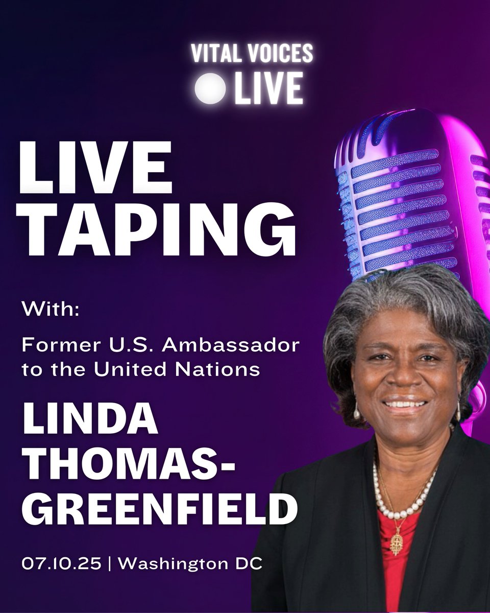 Vital Voices (@vitalvoices) on Twitter photo Join us on July 10 in DC for a special, live conversation with one of the most influential diplomats of our time—Ambassador <a href="/LindaT_G/">Linda Thomas-Greenfield</a>, former U.S. Ambassador to the <a href="/UN/">United Nations</a>, and a global leader with a 40 year career in public service.
RSVP now: support.vitalvoices.org/event/vital-vo… Join us on July 10 in DC for a special, live conversation with one of the most influential diplomats of our time—Ambassador <a href="/LindaT_G/">Linda Thomas-Greenfield</a>, former U.S. Ambassador to the <a href="/UN/">United Nations</a>, and a global leader with a 40 year career in public service.
RSVP now: support.vitalvoices.org/event/vital-vo…