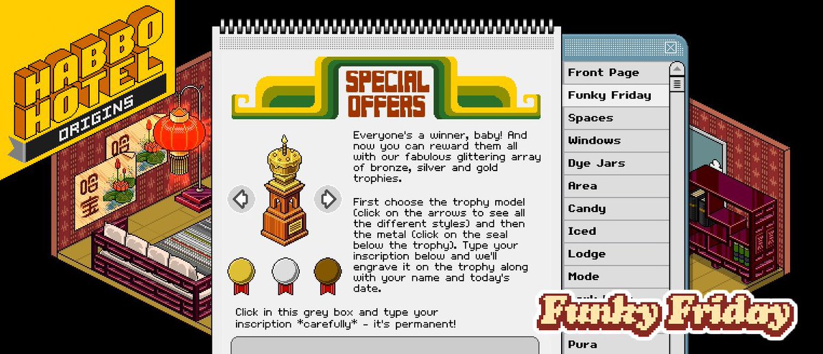 🏆Giveaway BLANK Anniversary Trophy🏆

I’m giving away BLANK 🏆
🏆 1x Gold Anniversary Trophy
🥈 1x Silver Anniversary Trophy
🥉 1x Bronze Anniversary Trophy

To enter: 
- Like &amp; Comment 

3 winners will be picked out on monday

Goodluck!

#HabboHotelOrigins #HabboHotelOrigi s