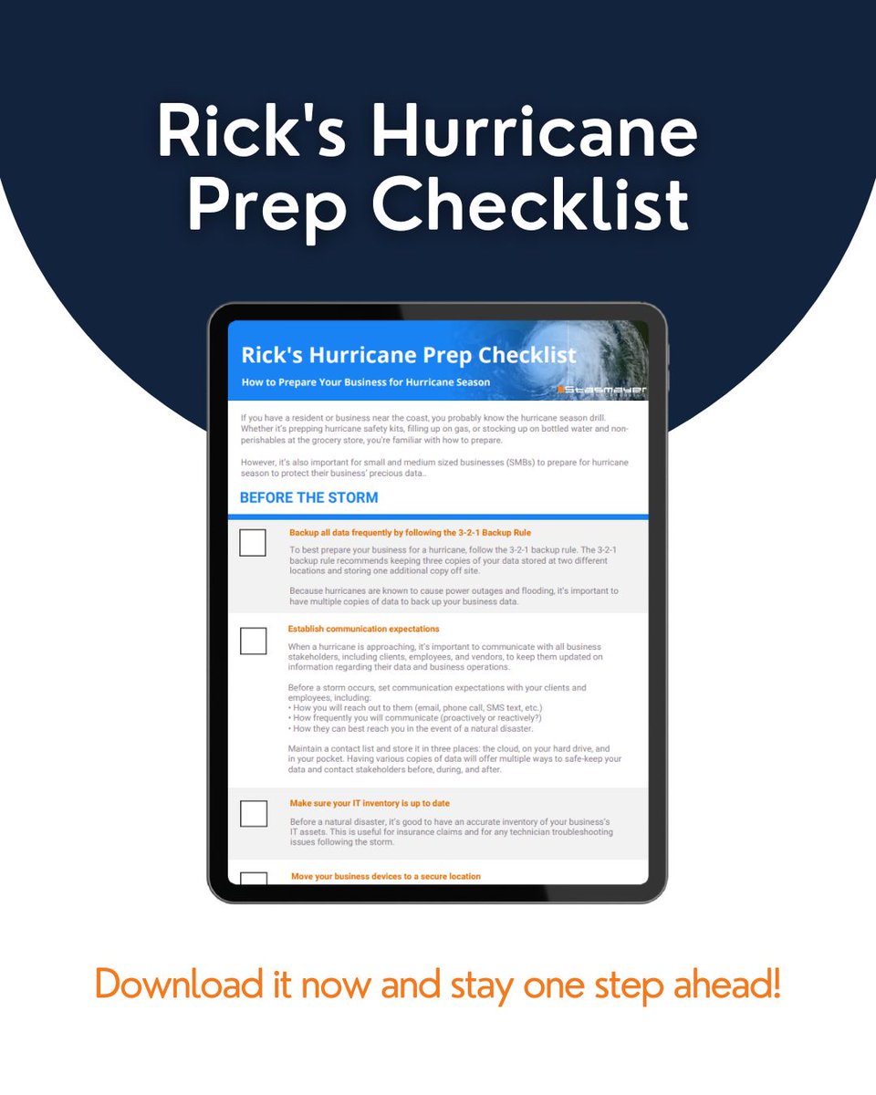 Hurricane season is here, and preparation is key 🌪️. You know to stock up on water and supplies, but is your business ready to weather the storm? Protect your data and keep your operations running smoothly with our SMB Hurricane Preparedness Checklist. 

Download it now and stay