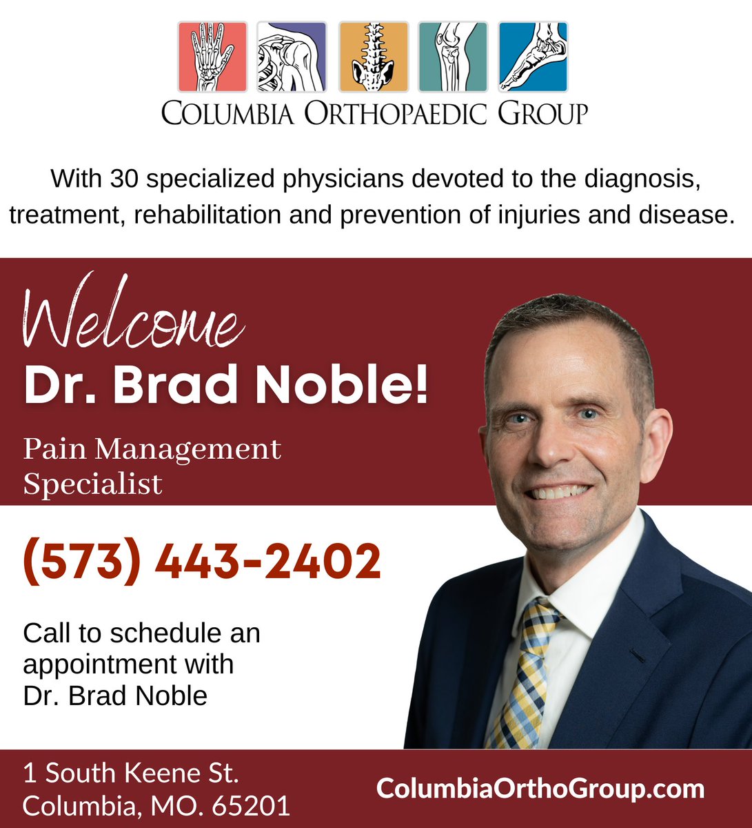 BIG NEWS! Columbia Orthopaedic Group welcomes Brad Noble, DO and his staff to Columbia Orthopaedic Group! Dr. Noble has a great reputation for helping his patients with pain management &amp; we are so happy to have him and his team at COG! He is open for appointments.