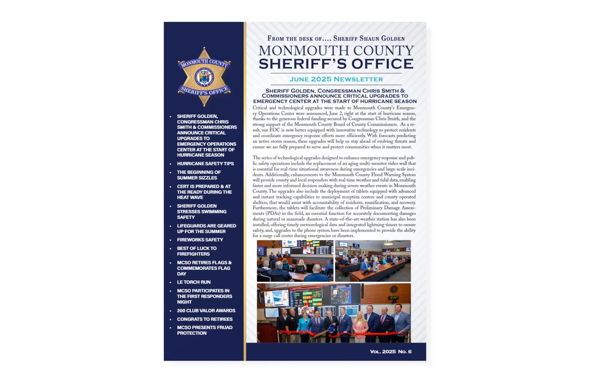 MonmouthSheriff's tweet image. See below link to @sheriffgolden's Newsletter for June 2025, which includes the latest efforts & initiatives the #MCSONJ makes to ensure safety in Mon Co. You can always keep up to date with our monthly newsletter on Twitter to learn more about the MCSO. mcsonj.org/newsletter