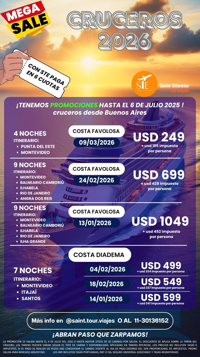 Stetiennetour's tweet photo. 🚢 ¡MEGA SALE CRUCEROS 2026!
Desde Buenos Aires 🌇
💳Pagalo en 6 CUOTAS con STE
🇧🇷 Itinerarios a Brasil y Uruguay
💵 Desde USD 499 + imp.
🛌 4 a 9 noches
📆 Salidas: Ene-Marzo 2026
RESERVA:
📲 +👉@saint.tour.viajes | 11-30136152
#Cruceros2026 #PromoViajes #Costabrasil #STEVIAJES https://t.co/OdOO8C3yff