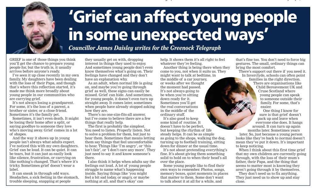 Matthew Quinn MSYP (@mquinnmsyp) on Twitter photo Such a great column by <a href="/CllrDaisley/">Cllr James Daisley ๐ด๓ ง๓ ข๓ ณ๓ ฃ๓ ด๓ ฟ</a>
Grief is such an important issue to discuss within the context of young people. Such a great column by <a href="/CllrDaisley/">Cllr James Daisley ๐ด๓ ง๓ ข๓ ณ๓ ฃ๓ ด๓ ฟ</a>
Grief is such an important issue to discuss within the context of young people.