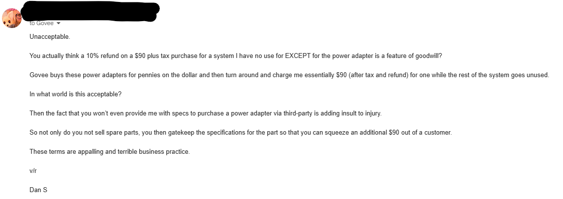 fatdanplays's tweet photo. After responding to their insulting offer of a 10% rebate, stating that their solution is unacceptable, I have been officially ghosted by @GoveeOfficial https://t.co/Mv8szKkSU0