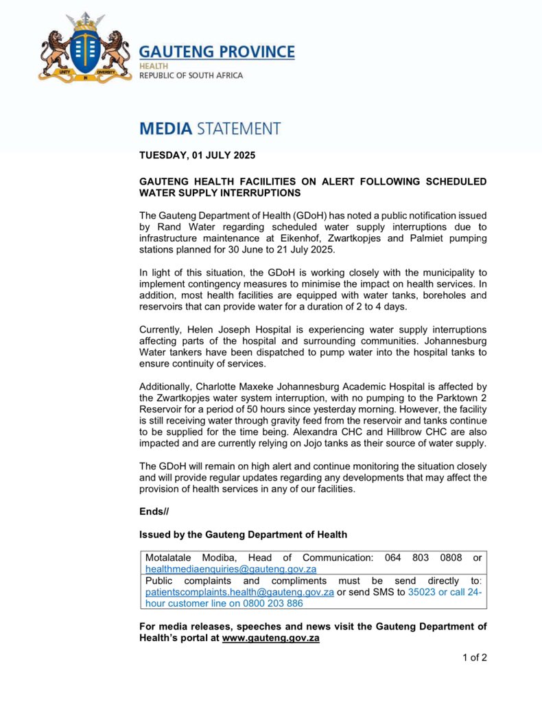 MEDIA STATEMENT || GAUTENG HEALTH FACIILITIES ON ALERT FOLLOWING SCHEDULED WATER SUPPLY INTERRUPTIONS