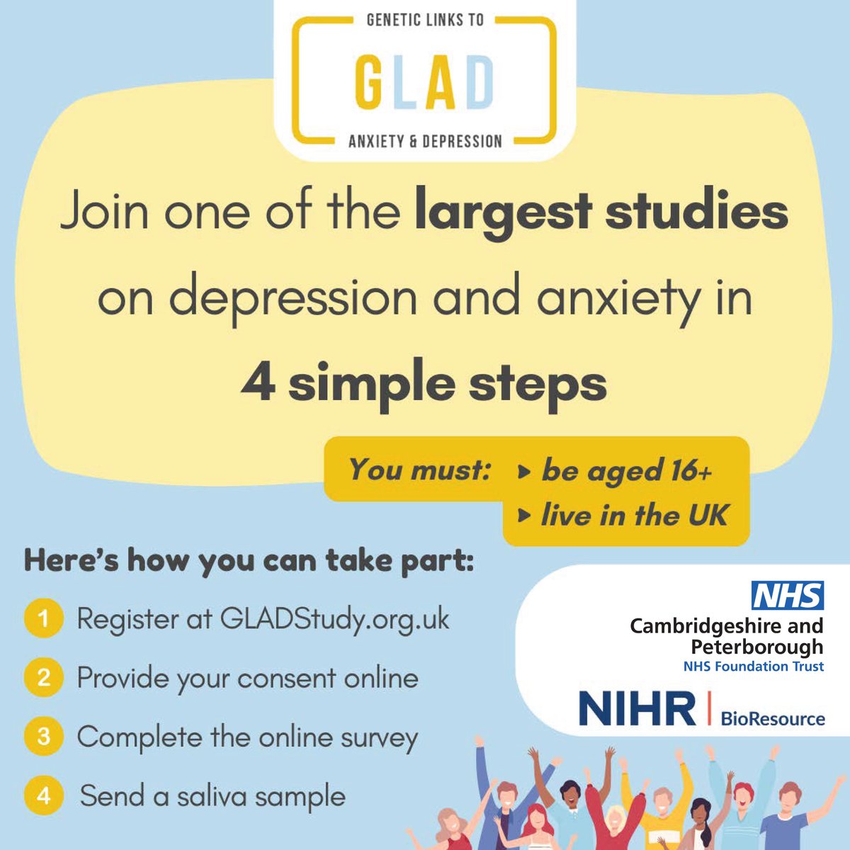 CPFT_Research's tweet image. 📣 Now everyone over 16 is invited to help us find the genetic links to #anxiety & #depression!
The UK @GLADStudy is also recruiting people with no history of #MentalHealth conditions, to compare data with others who have them.
Take part with @CPFT_NHS: ➡️gladstudy.org.uk